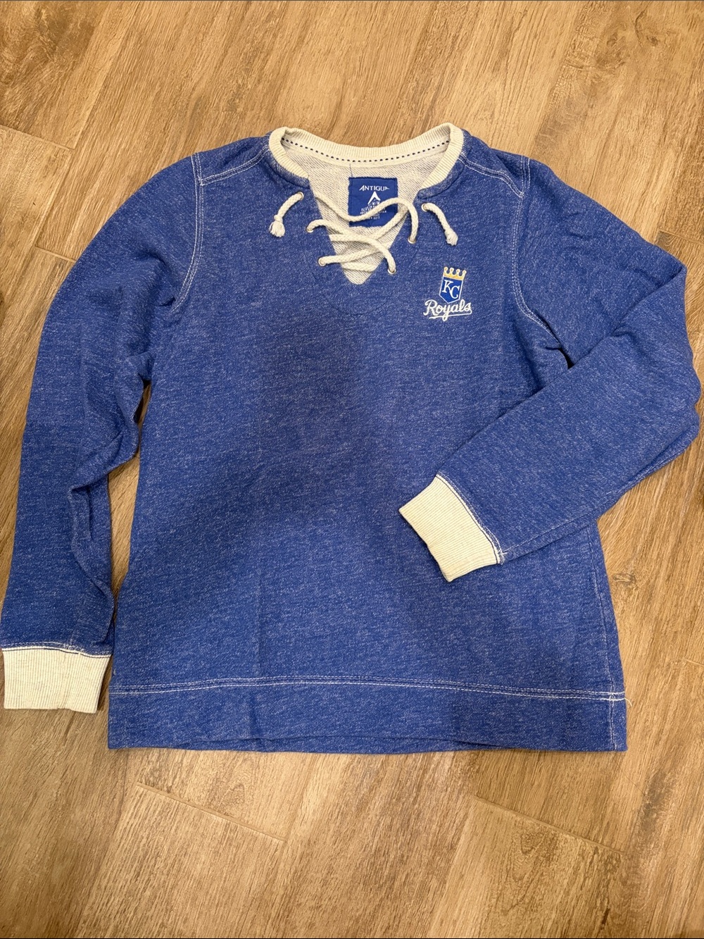 Antigua Royals Blue Lace-Up Crewneck Sweatshirt with Cream Trim